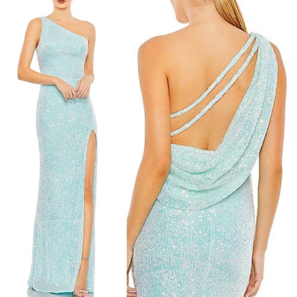 Mac Duggal Light Blue One-Shoulder Maxi Dress